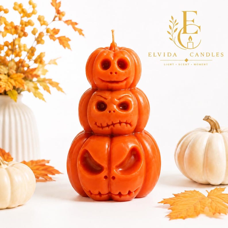 Halloween-Kürbiskerze, gruselige Kürbiskerze aus Sojawachs, Herbstdeko, Gothic-Halloween-Deko, handgefertigtes Herbstgeschenk Bild 2
