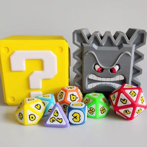 DnD Dice Set Mario Themed - Polyhedral Dice for RPG - D4 D6 D8 D10 D% D12 D20 - Question Thwomp Box - Tabletop Games Dice Box - Role Playing