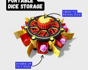 May include: A red, black, and gold portable dice storage container. The container has a central rotating mechanism and compartments for dice. The text "PORTABLE DICE STORAGE" is at the top. The text "STORES UP TO 7 DICE" is at the bottom.
