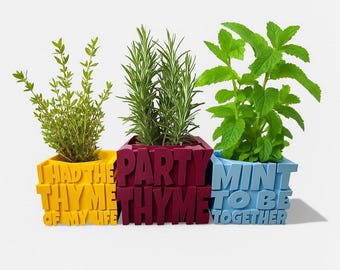 May include: Three colorful planters with herbs. The yellow planter says "I had the thyme of my life", the burgundy planter says "Party thyme", and the blue planter says "Mint to be together". The planters are filled with thyme, rosemary, and mint.