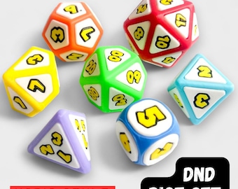 May include: A set of colorful dice in various shapes and sizes, including triangular and multi-sided dice. Each die features a different color and number, with a cartoon-style design. The text "MARIO STYLE" and "DND DICE SET" are visible.