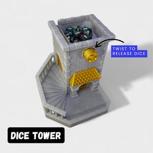 May include: Gray dice tower with a spiral staircase and a gold-colored release mechanism. The tower is filled with dice. Text on the image reads "TWIST TO RELEASE DICE" and "DICE TOWER".
