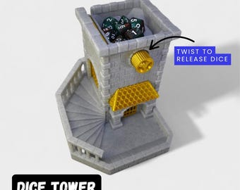 May include: Gray dice tower with a spiral staircase and a gold-colored release mechanism. The tower is filled with dice. Text on the image reads "TWIST TO RELEASE DICE" and "DICE TOWER".