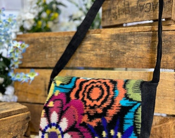 Psychedelic Flower Print black crossbody bag/messenger bag/boho/hippy/recycled denim/handmade