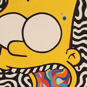 May include: Close-up of a pop art style painting featuring a yellow cartoon character with large white eyes and an open mouth. The character's mouth is filled with colorful, swirling patterns. Black and white patterns frame the character.