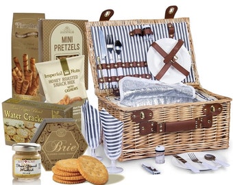 Day in the Park Picnic Basket - Ultimate Picnic Basket: Plates, Shakers, Cutlery, Glasses, Cheese, Crackers, Pretzels, Mustard, and Snacks