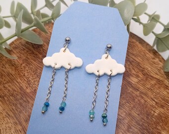 Rain cloud polymer clay earrings, dangle earrings, bead earrings, cloud earrings