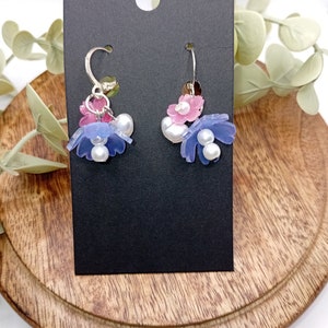 Floral earrings/shrink plastic/ flower earrings/pearls/for her/statement earrings/cute jewellery/light weight/pink and purple