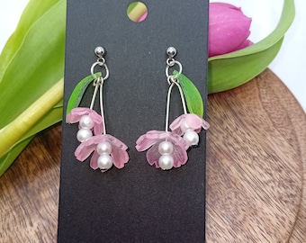 Handcrafted Shrink Plastic Floral Earrings, Faux Pearl Statement Jewelry