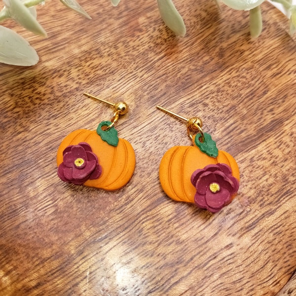 Floral pumpkin earrings, polymer clay earrings, botanical earrings, halloween earrings, ladies studs, fall earrings, autumnal earrings