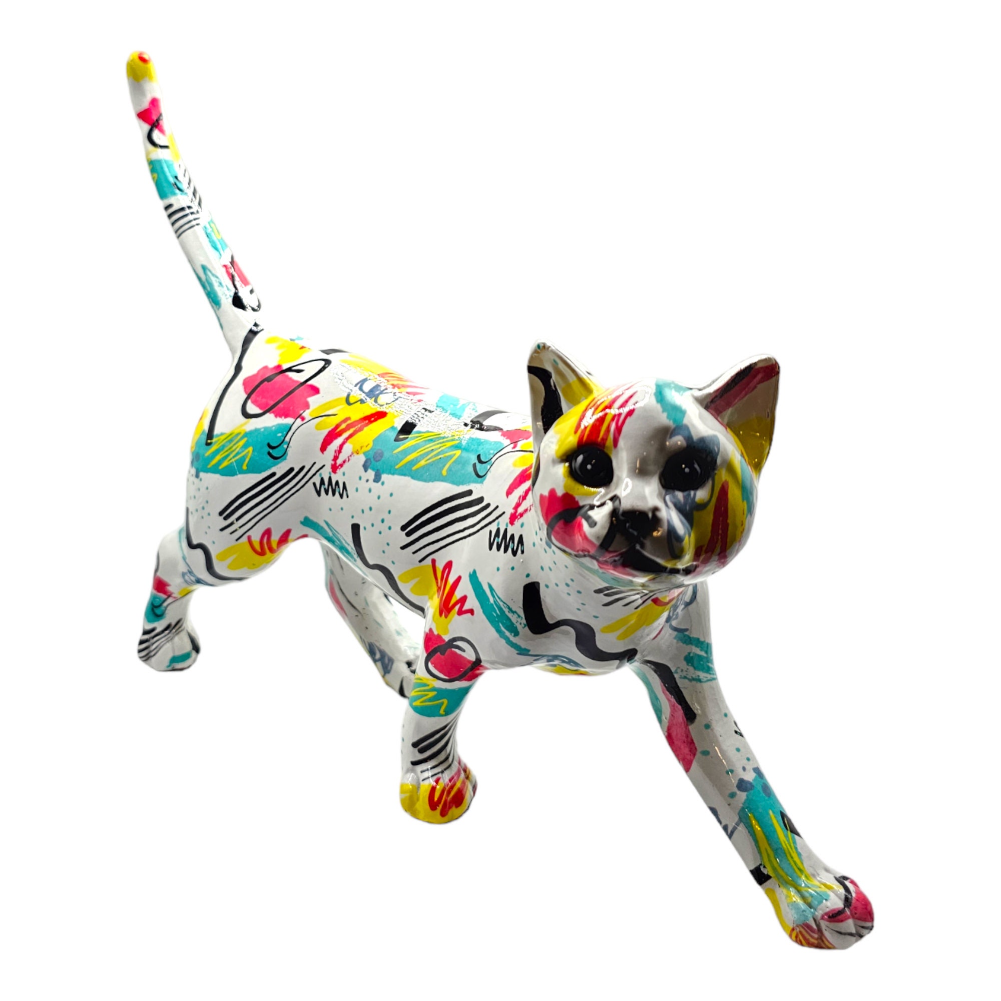 Colorful Cat Figurine Graffiti Abstract Geometric Sculpture Animal Statues Art Figurines Home Decoration for Living Room Bedroom Book Shelf