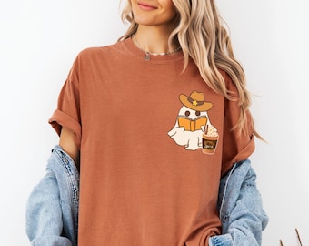 Comfort Colors® Camicia da caffè fantasma carino, t-shirt da caffè ghiacciato carino piccolo fantasma, camicia fantasma Boo, camicia da caffè fantasma, amanti del caffè di Halloween