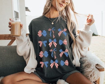 Coquette 4th of July Shirt, American Flag Shirt, USA Shirt, Retro Fourth of July Shirt, Preppy Chic shirt, Comfort Colors®, Coquette Bow Tee