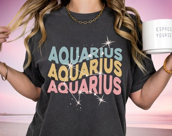 Camisa del zodíaco de Acuario, regalo de cumpleaños de astrología, camiseta celestial, top del horóscopo, camiseta retro de Bday Camisa del signo de Acuario Regalo de personalidad del zodíaco