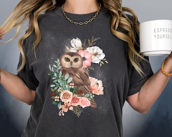 Camisa de búho floral, camiseta de flores silvestres, regalo de cumpleaños, camiseta de búho, top de jardinero, camiseta con gráficos de animales amantes de la naturaleza, regalo de cumpleaños de flor de pájaro