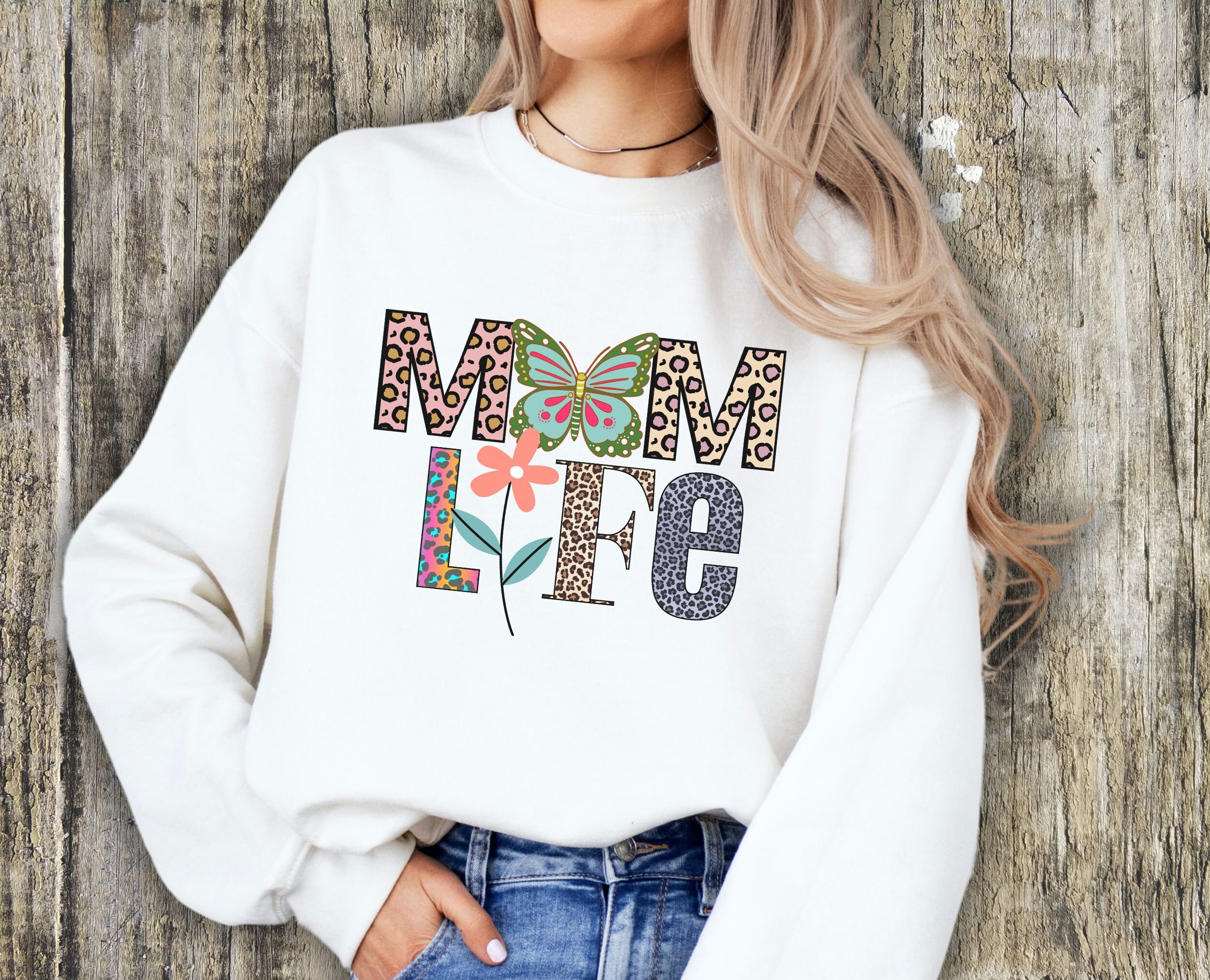 Graphic Mom Life Sweatshirt, Leopard Flower Print Mama Tee
