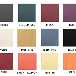 May include: A color chart with 12 different colors, including pepper, blue spruce, brick, berry, ivory, mustard, blue jean, black, chili, bright salmon, butter, and melon.