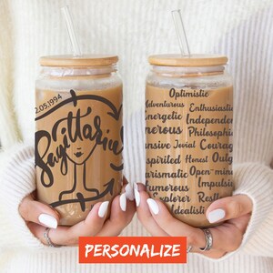 Personalized Sagittarius Glass Tumbler, Custom Zodiac Sign gift, Constellation coffee mug, Horoscope birthday gift iced coffee cup with name