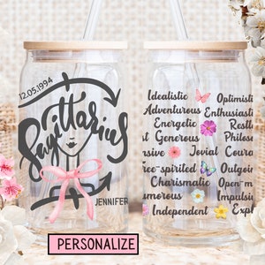 Personalized Coquette Sagittarius Glass Tumbler, Zodiac Sign, Sagittarius personality, Custom Constellation gift, iced coffee cup with name