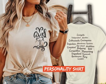 Aries Zodiac Shirt, Celestial Widder Shirt, Astrology Personality T-Shirt Horoskop Eigenschaften Tee Sternzeichen Geburtstagsgeschenk Sonne und Mond T-Shirt