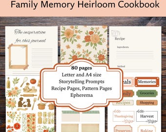 Recipe Junk Journal Printable Kit, Family Heirloom Cookbook