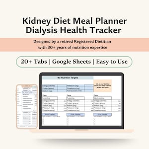 Op de afbeelding: Een laptopcomputer waarop een Google Sheets-spreadsheet wordt weergegeven met de titel "Kidney Diet Meal Planner Dialysis Health Tracker". De spreadsheet is ontworpen door een gepensioneerde geregistreerde diëtist met meer dan 30 jaar ervaring in voeding. De spreadsheet heeft meer dan 20 tabbladen en is gemakkelijk te gebruiken. De spreadsheet bevat een sectie voor het bijhouden van dagelijkse voedingsdoelen en -limieten, evenals een vloeistoftracker.
