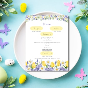 Modello di menu di Pasqua Menu di primavera floreale modificabile Canva con segnaposto abbinati e invito digitale
