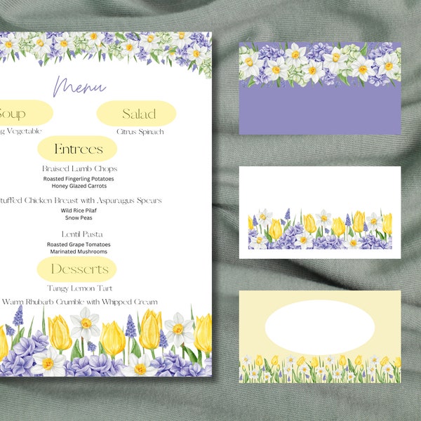 Easter Menu Template Spring Floral Editable Canva Menu Card with Matching Placecards