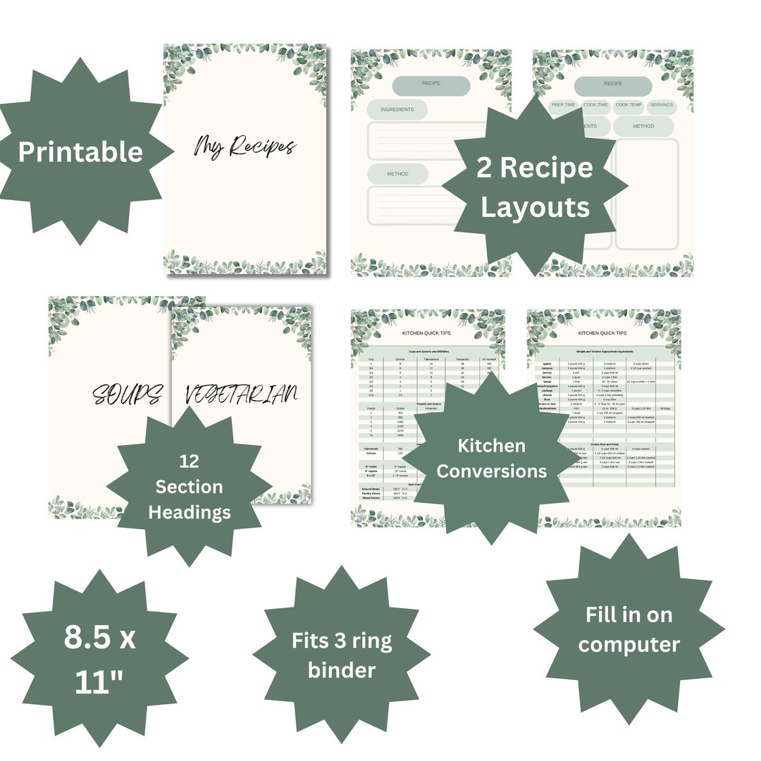 Editable Printable Recipe Binder Cookbook Template Recipe Book Template