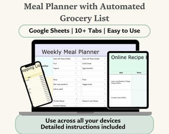 Editable Recipe Organizer and Meal Planner Spreadsheet with auto Grocery List