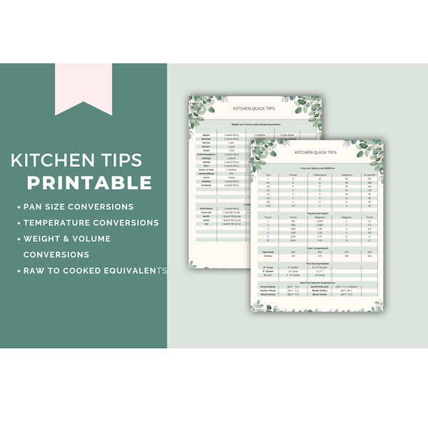 Kitchen Conversions Printable | Measurement Chart Ingredients | Cooking Cheat Sheet | Pan Size Conversions