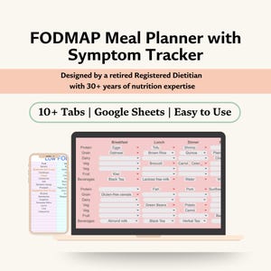 Op de afbeelding: Een digitale afbeelding van een computerscherm waarop een spreadsheet te zien is met de titel "FODMAP Meal Planner with Symptom Tracker". De spreadsheet is onderverdeeld in kolommen voor ontbijt, lunch en diner, met rijen voor verschillende voedselcategorieën, zoals eiwit, graan, zuivel, groenten en fruit. De spreadsheet is ontworpen om mensen met spijsverteringsproblemen te helpen hun voedselinname bij te houden en mogelijke triggers te identificeren.