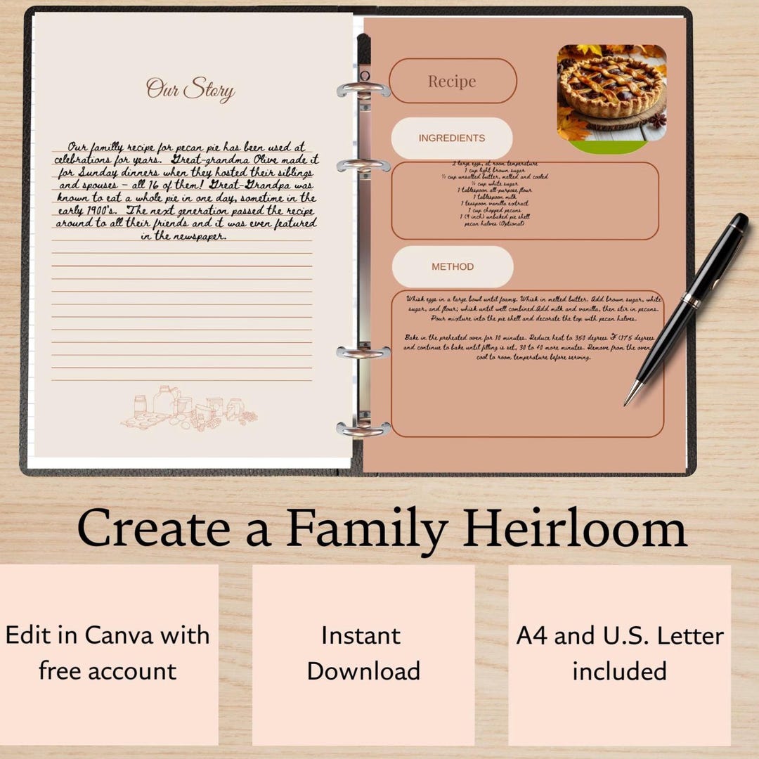 Heirloom Family Cookbook Template Editable Canva Recipe Keepsake Gift ...
