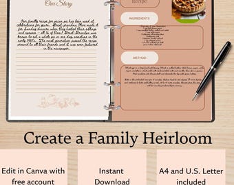 Heirloom Family Cookbook Template Editable Canva Recipe Keepsake Gift