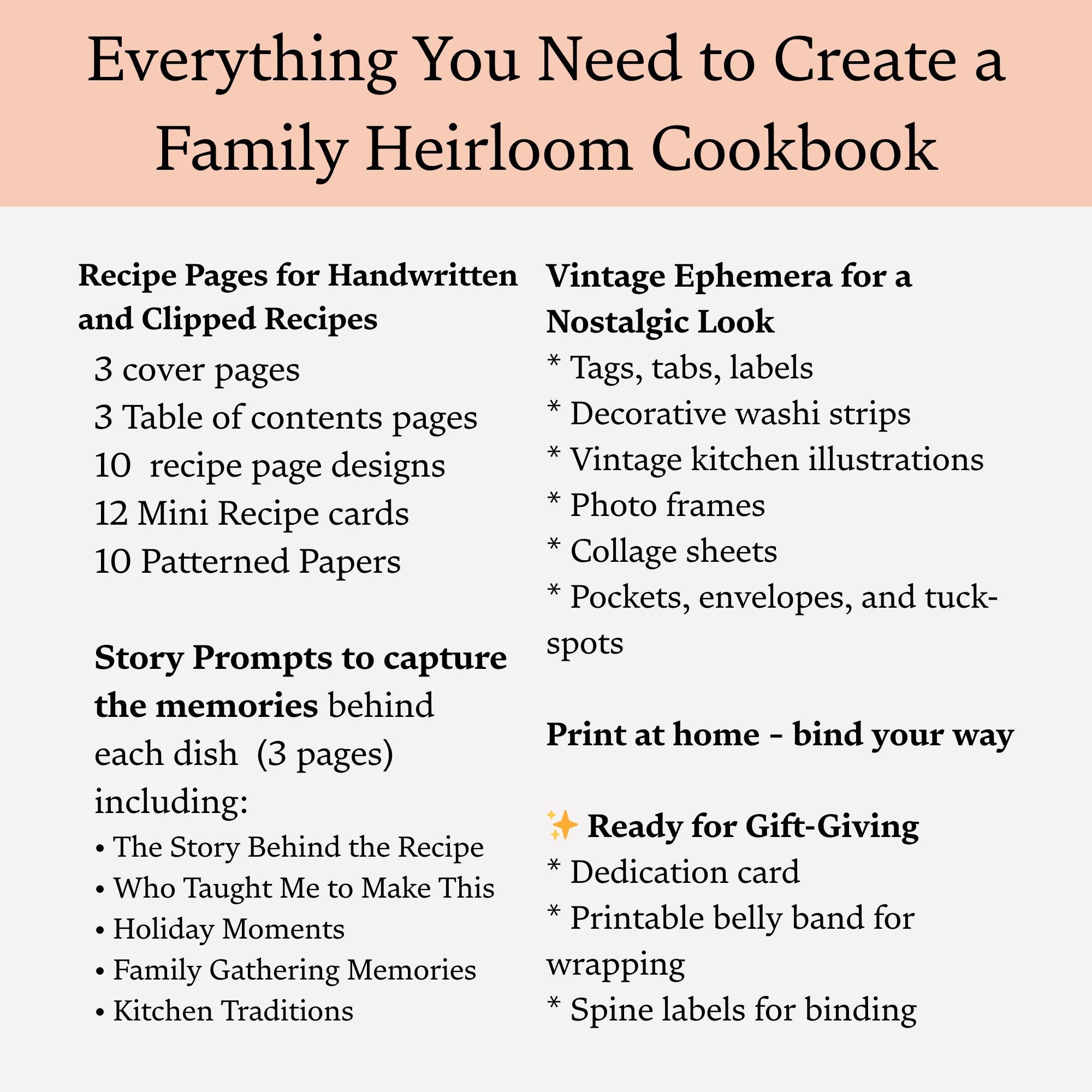 Printable Family Recipe Journal Kit – DIY Heirloom Cookbook (80-page ...