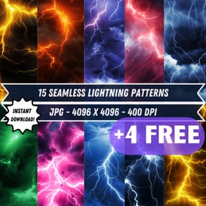15+4 Seamless Lightning Patterns, Digital Download, Digital Paper, Commercial License, 400 DPI, Repeating Lightning