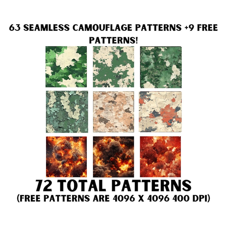 Random Patterns Army 63 + 9 Seamless Camouflage Patterns, Military Camouflage, Repeating ...
