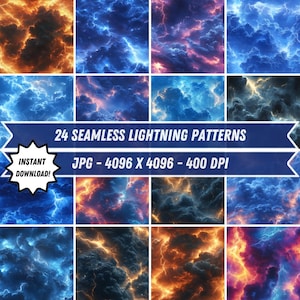 May include: 24 seamless lightning patterns in a collage of blue, orange, and red lightning bolts against a dark cloudy sky. The text "24 SEAMLESS LIGHTNING PATTERNS" and "JPG - 4096 X 4096 - 400 DPI" is displayed in white on a blue banner.