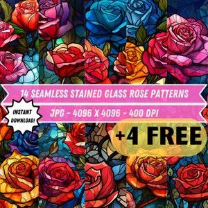 14+4 Seamless Stained Glass Rose Patterns, Digital Download, Digital Paper, 400 DPI, Repeating Roses, Repeating Stained Glass