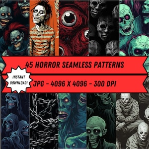 以下が含まれることがあります： 45種類のシームレスなホラーパターンをコラージュした画像。パターンには、頭蓋骨、ゾンビ、鎖など、さまざまな不気味で怖いデザインが施されています。テキスト「45 HORROR SEAMLESS PATTERNS」と「JPG - 4096 X 4096 - 300 DPI」は赤いバナーに表示されています。