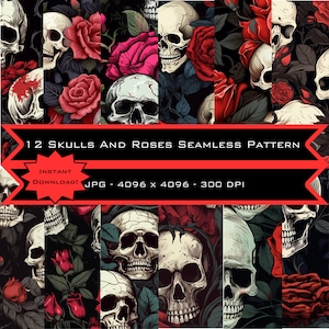 12 Skulls and Roses Seamless Pattern Bundle, Grunge, Gothic, Dark, skull vector design, skull instant download, printable skull wallpaper