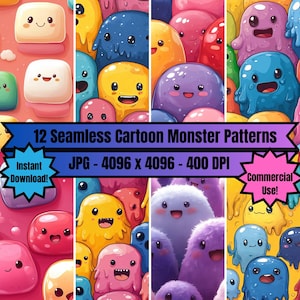12 nahtlose Cartoon Monster, digitaler Download, squishmallow, printable, wiederholend, squishies, scrapbooking, kommerzielle Nutzung