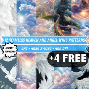 12+4 Seamless Heaven and Angel Wing Patterns, Digital Download, Digital Paper, Seamless Printable, Stairway to Heaven, Heaven Gates