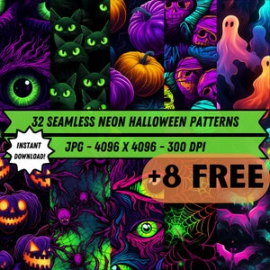 May include: 32 seamless neon Halloween patterns in JPG format, 4096 x 4096 pixels, 300 DPI. The patterns feature various Halloween themes, including pumpkins, cats, ghosts, spiders, and eyes.  The patterns are in bright neon colors on a black background.  +8 FREE patterns included.