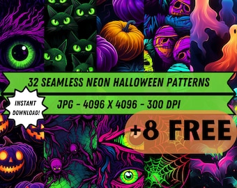 May include: 32 seamless neon Halloween patterns in JPG format, 4096 x 4096 pixels, 300 DPI. The patterns feature various Halloween themes, including pumpkins, cats, ghosts, spiders, and eyes.  The patterns are in bright neon colours on a black background.  +8 FREE patterns included.