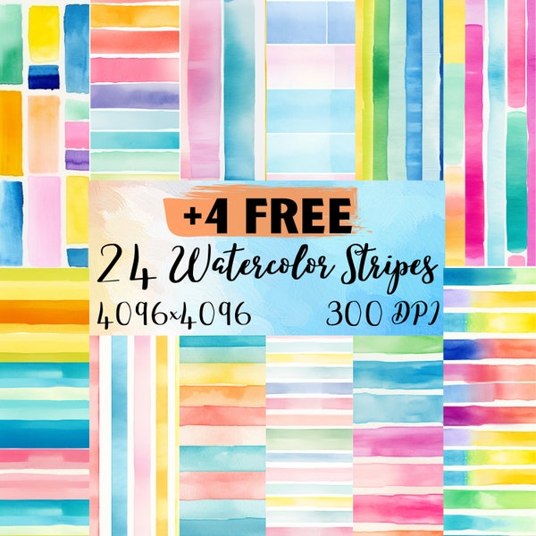 24+4 Seamless Watercolor Stripes, Digital Download, Digital Paper, Seamless Printable, 300DPI, JPG
