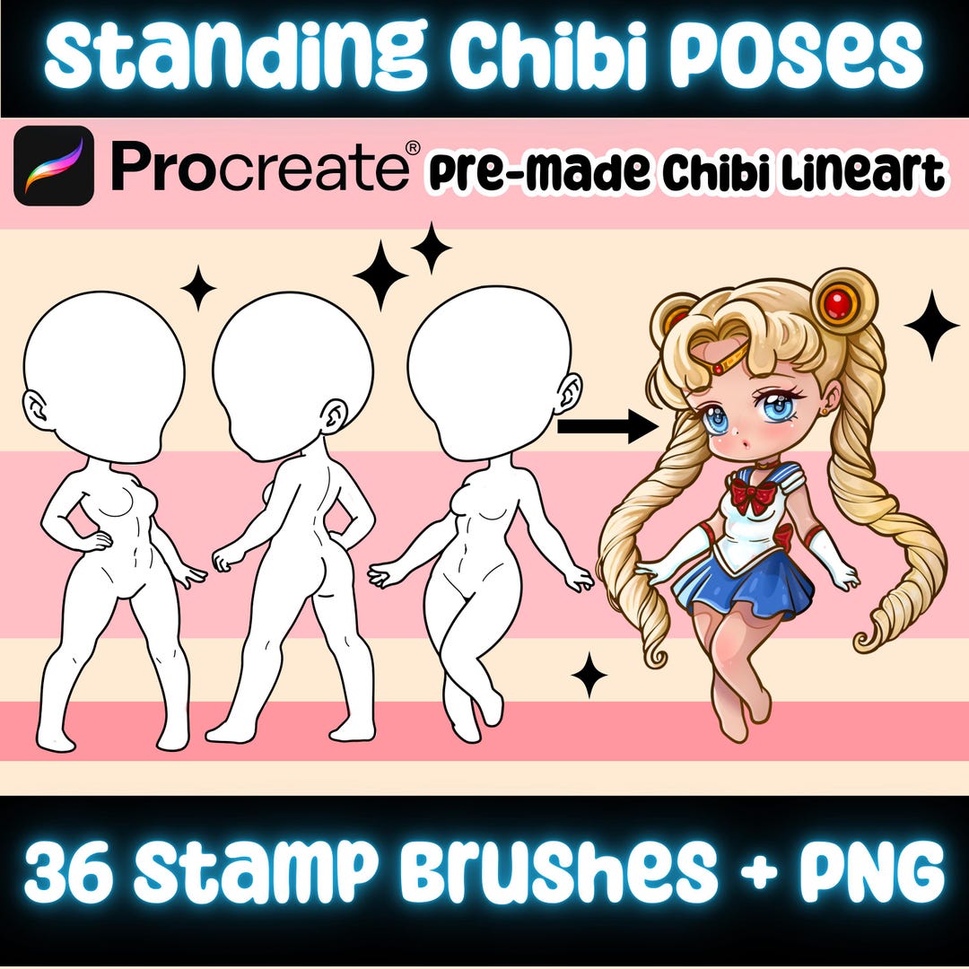 Procreate Chibi Poses: Brush Stamps & PNG Lineart (digital Download) - Etsy