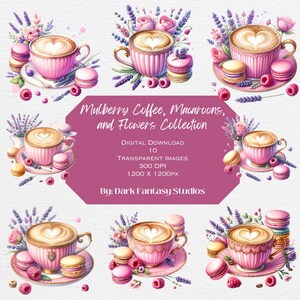 May include: Digital clipart set of 10 watercolour illustrations featuring pink coffee cups with heart-shaped latte art, macarons, lavender flowers, and raspberries. The illustrations are perfect for creating invitations, cards, and other digital projects.