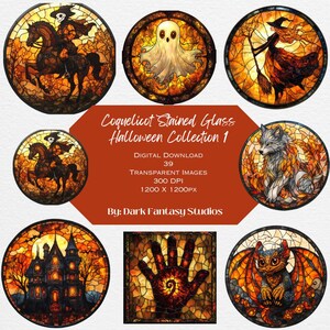 Colección de vidrieras de Halloween de Coquelicot 1, diario basura, 39 imágenes PNG, imágenes transparentes, sublimación, uso comercial incluido