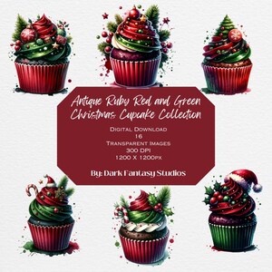 May include: A watercolour illustration of six Christmas cupcakes with red and green icing, decorated with festive details. The image includes text that reads "Antique Ruby Red and Green Christmas Cupcake Collection."